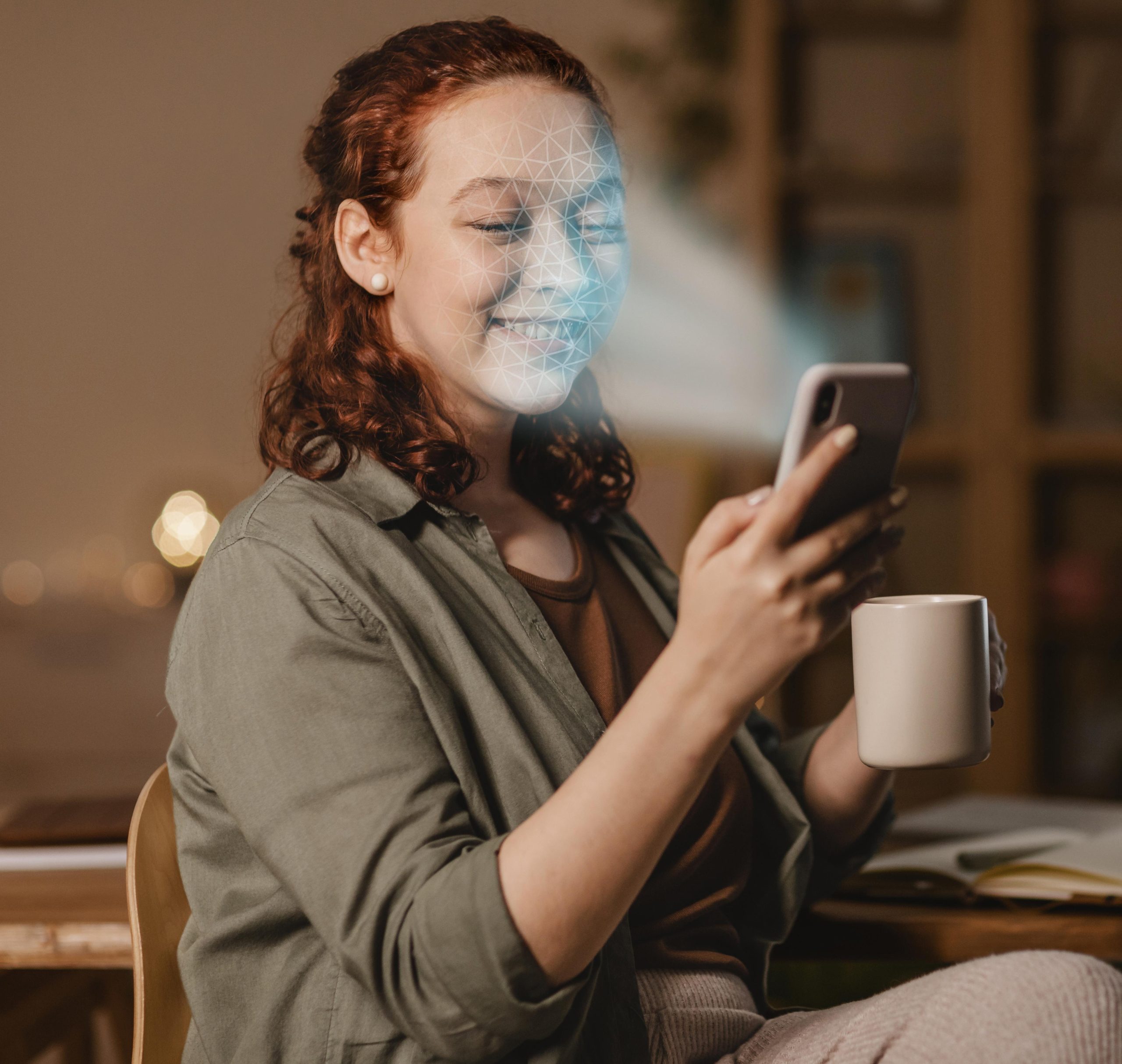 Frau mit Telefon macht Gesichtsscan