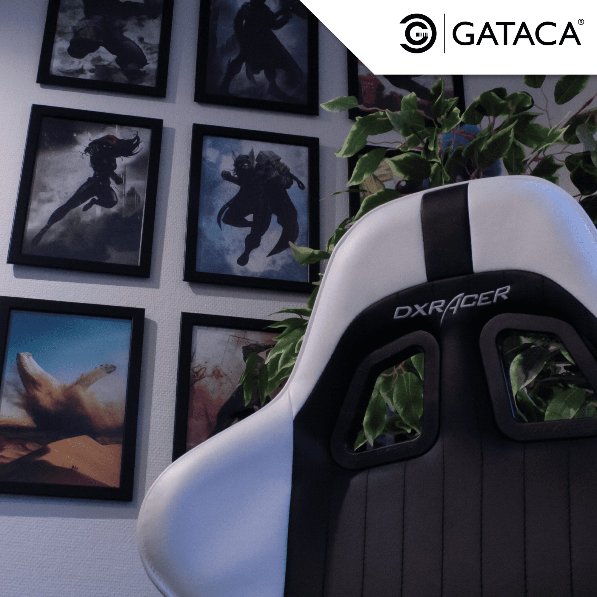 Froschperspektive eines Bürostuhls von GATACA mit Sicht auf nerdige Bilder