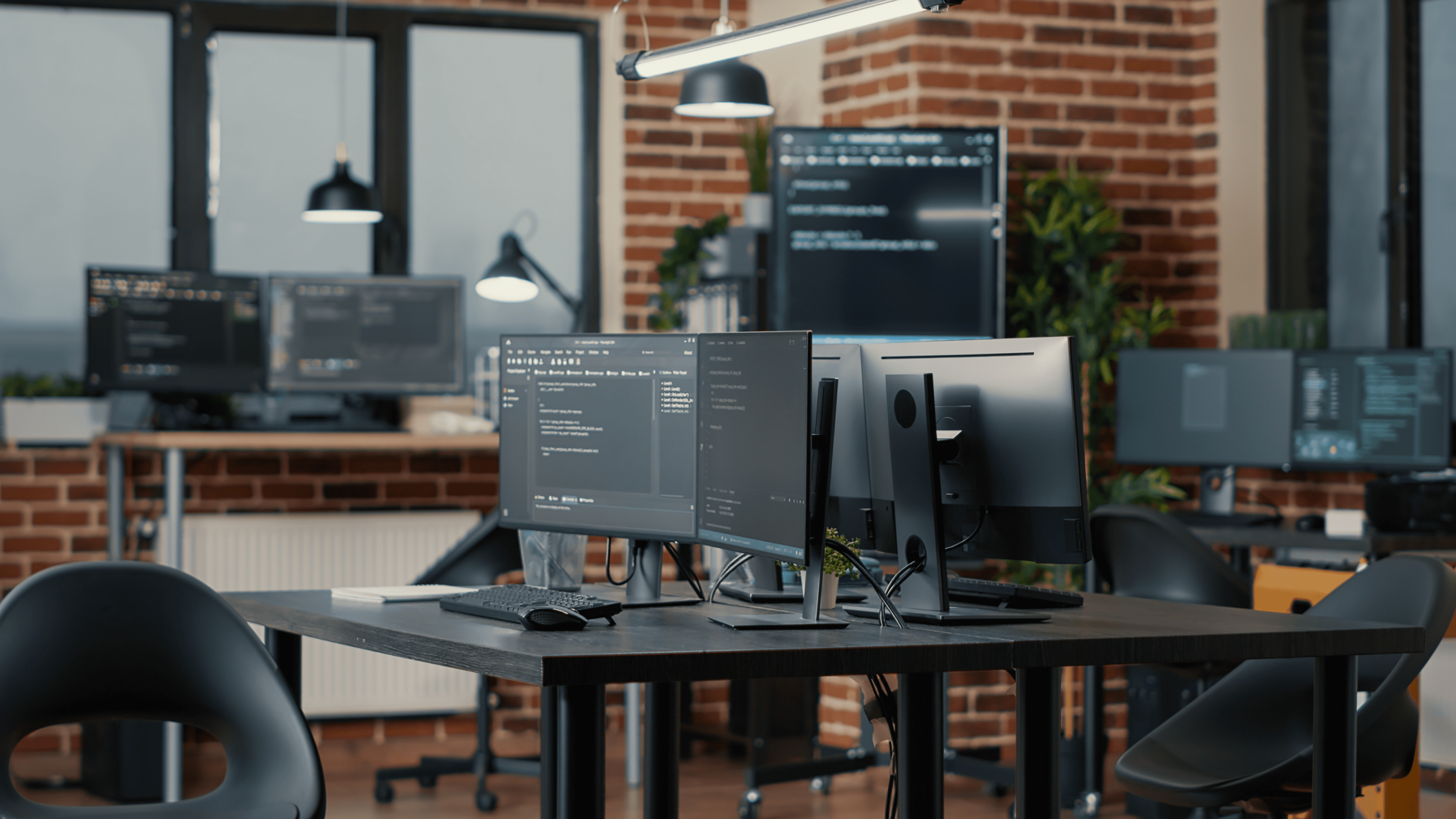 modernes Büro mit Backstein Segmenten und Programmiercode auf den Bildschirmen