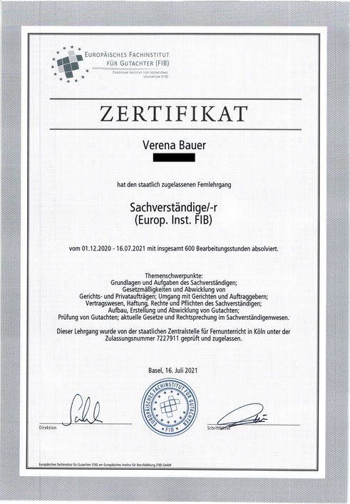 Zertifikat von Verena Bauer