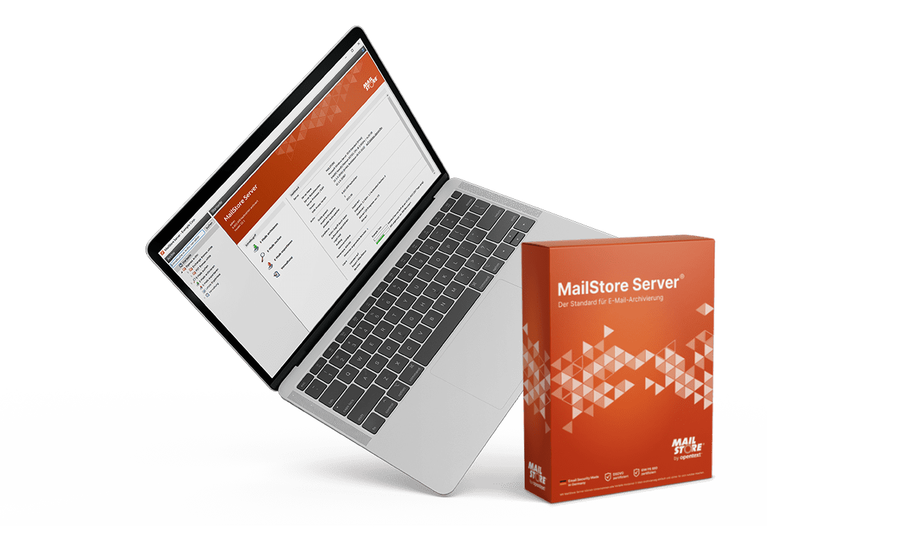 Laptop welcher auf einer Ecke stehtmit MailStore Packet danebenstehend