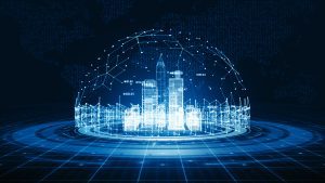 Intelligente Stadt mit Technologie-Netzwerk Internet der Dinge und Social-Media-Verbindung, Technologie High-Speed-Internet-Verbindung, weltweite digitale Datenverbindung abstrakten Hintergrund. 3d Rendering