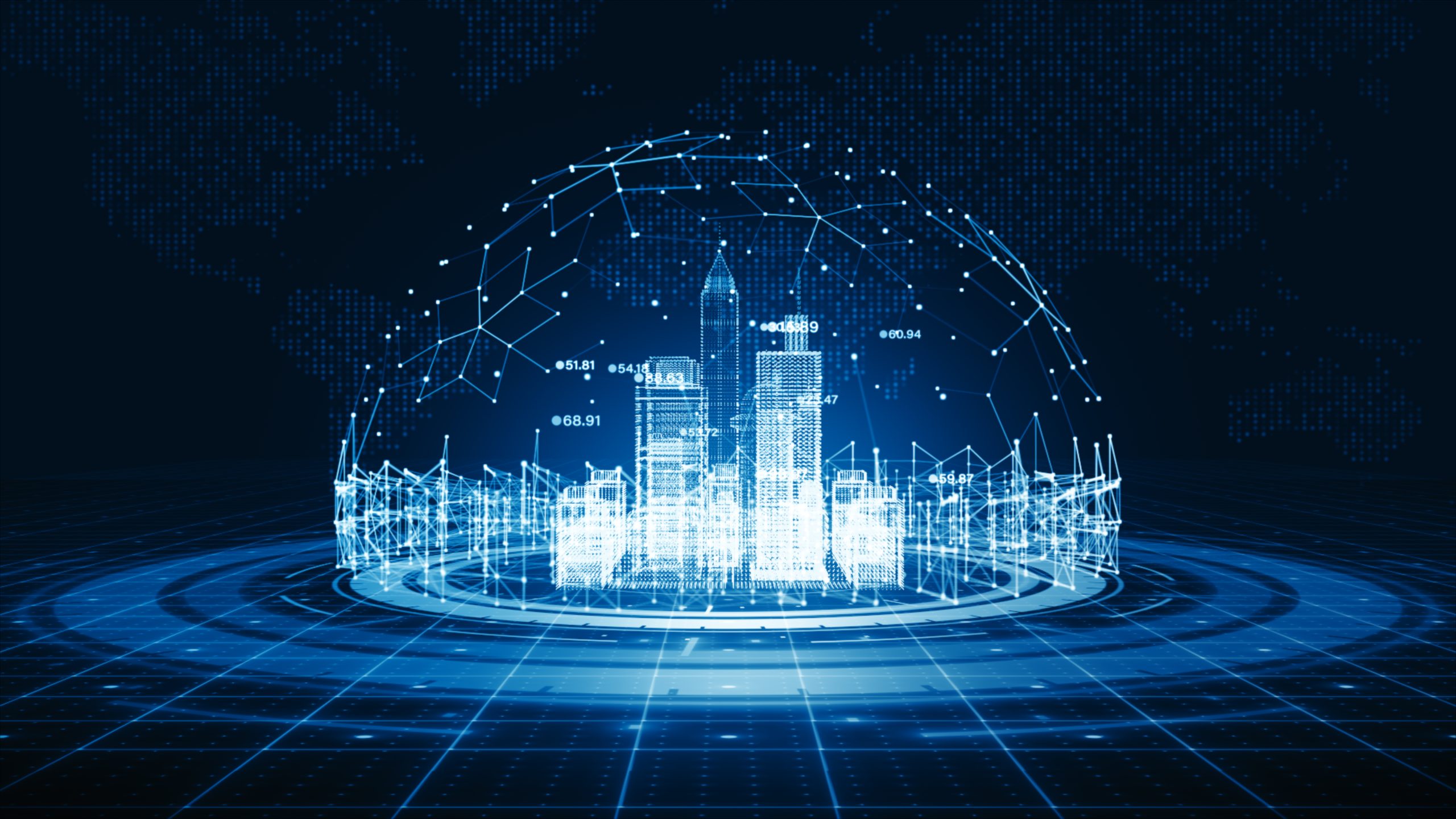 Intelligente Stadt mit Technologie-Netzwerk Internet der Dinge und Social-Media-Verbindung, Technologie High-Speed-Internet-Verbindung, weltweite digitale Datenverbindung abstrakten Hintergrund. 3d Rendering