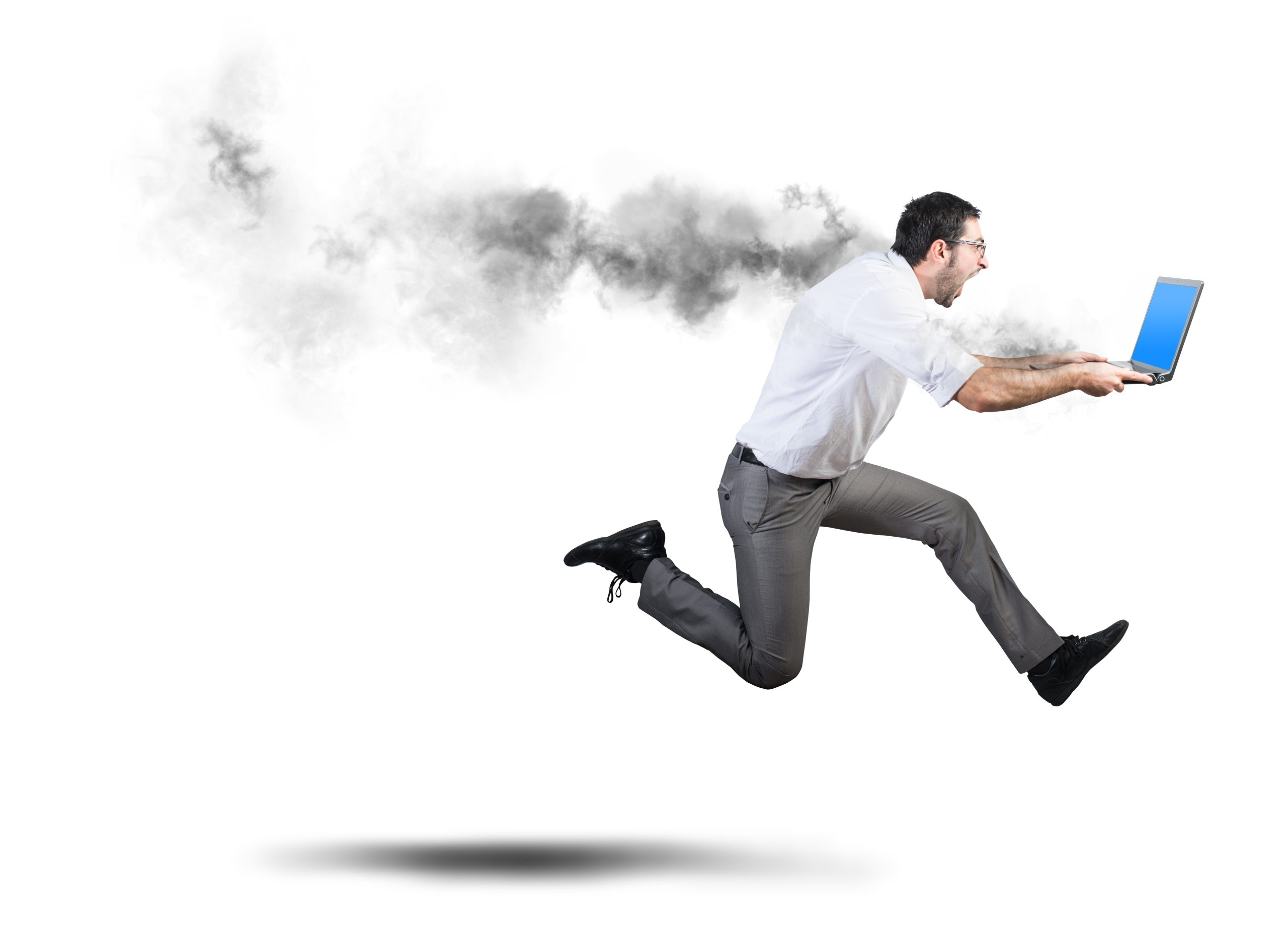 Laufender Geschäftsmann hat Probleme und Fehler mit dem Computer