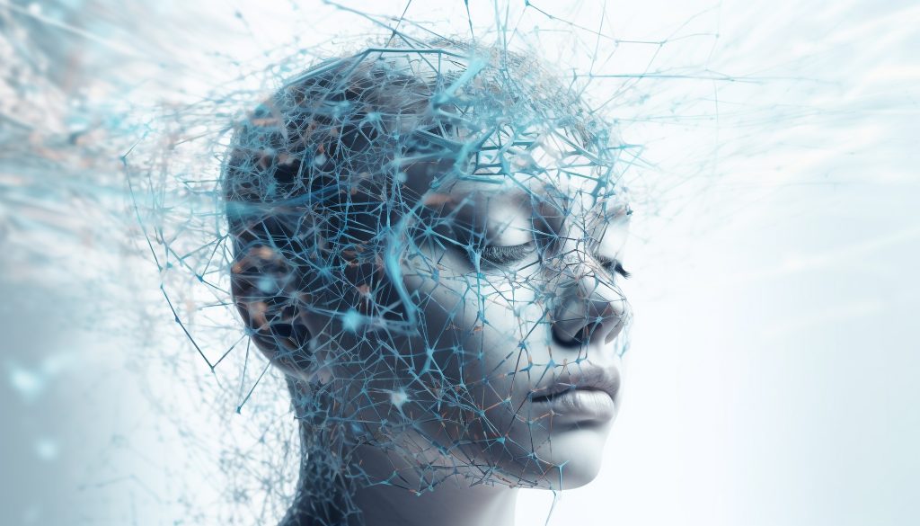 Abstraktes futuristisches Porträt eines jungen erwachsenen Cyborgs, der von künstlicher Intelligenz erzeugt wird