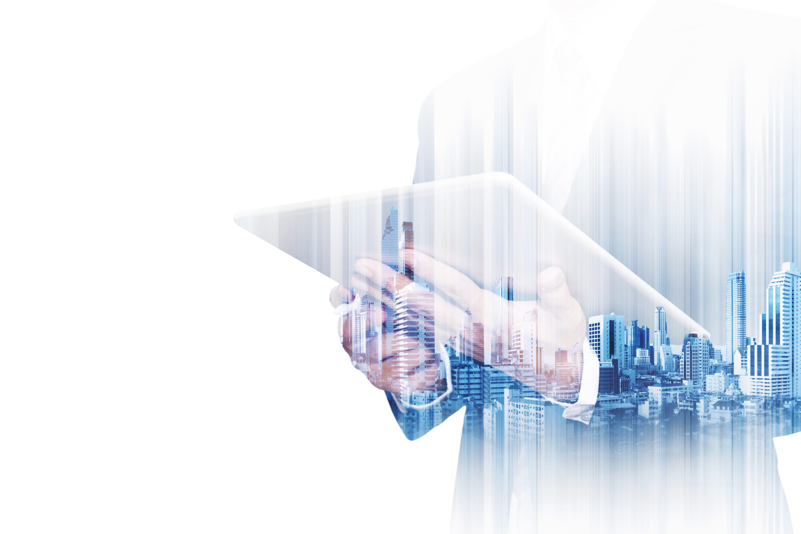 Halbtransparente Darstellung eines Mannes mit Ipad in der Hand. Sein Körper ist mit einer Großstadt maskiert