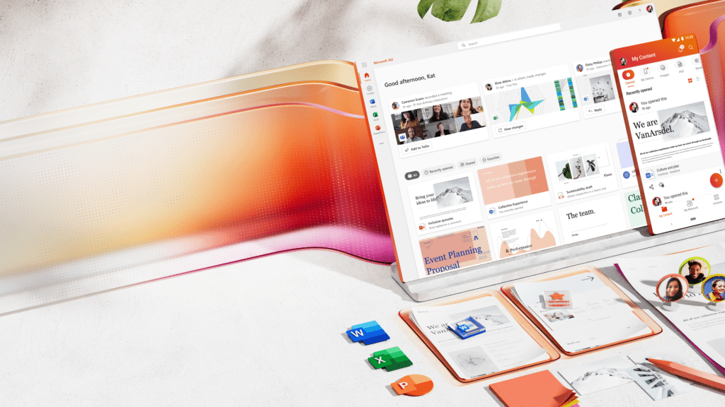 Desktopansicht der Microsoft 365 Produkte mit folgenden Logos: Word, Exel und Powerpoint.