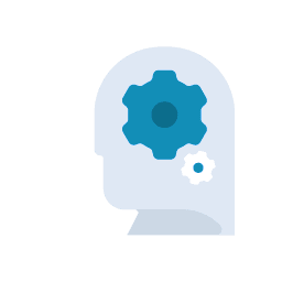 Blaues Emoji von Zahnrädern im Kopf