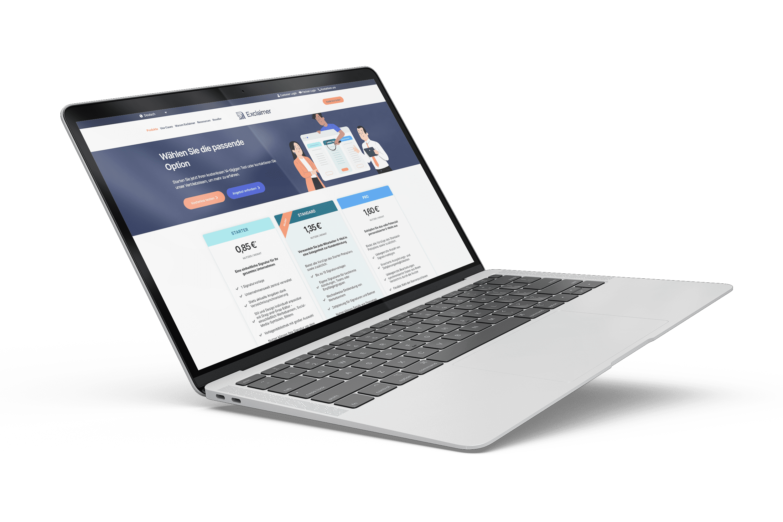 3D Ansicht eines Macbooks auf dessen Bildschirm die Preise stehen für Exclaimer